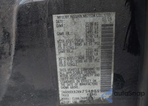 2019 Nissan Frontier Desert Runner z USA, uszkodzony, nr VIN 1N6DD0ER2KN754985